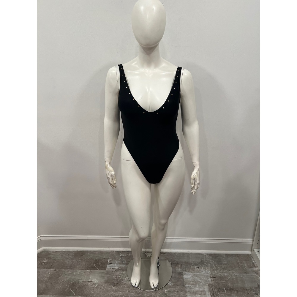 Forever 21 One Piece Swimsuit Womens Large Black Studded V-Neck High Leg NEW